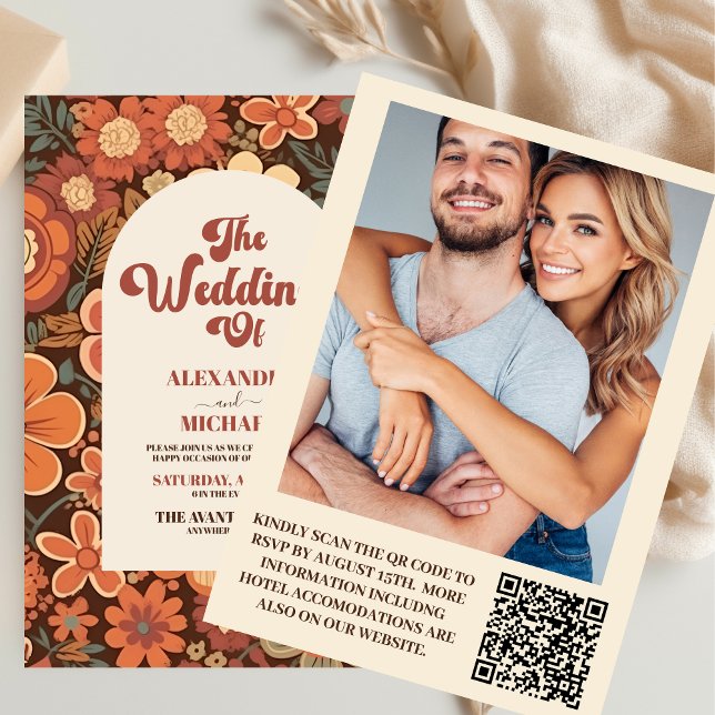 QR Code Arch Groovy Retro 70s Floral Wedding Invitation (Creator Uploaded)