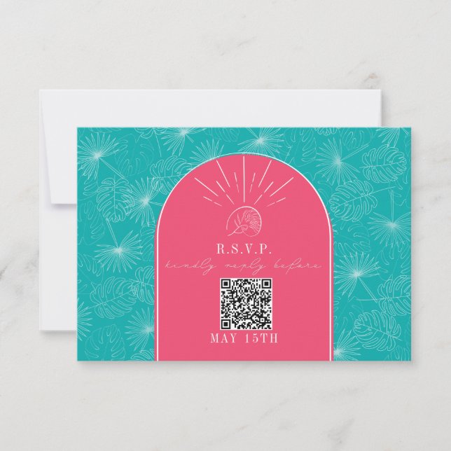 QR Code Arch Pink Blue Tropical Palm Wedding RSVP Card (Front)