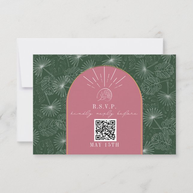 QR Code Arch rose Vert Palm Tropical Mariage RSVP (Devant)
