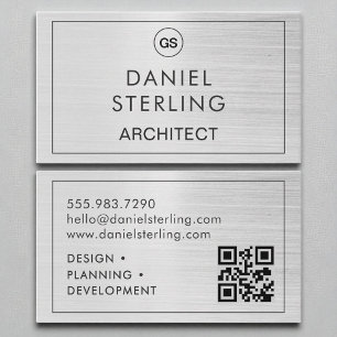 QR Code Architect Brushed Silver Monogram  Business Card