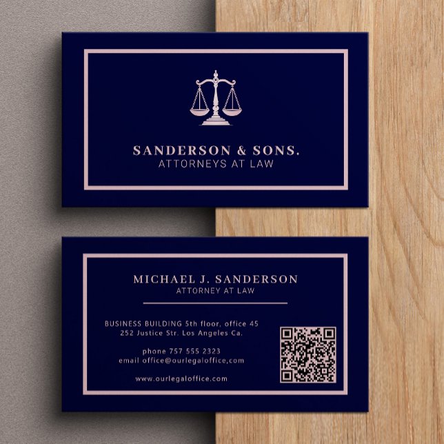 QR code attorney lawyer professional rosegold navy Business Card (Creator Uploaded)