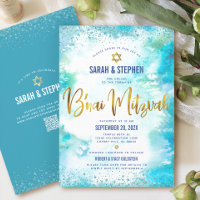 QR Code B’nai Mitzvah Turquoise Watercolor Gold