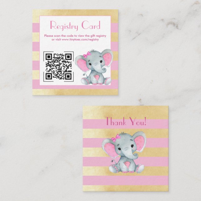 QR Code Baby Elephant Registry Gold Pink Card (Front/Back)