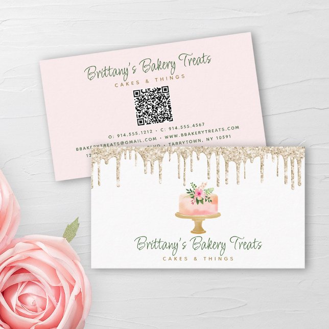 QR Code Bakery Blush Pink Cake Gold Glitter Drips Business Card (Creator Uploaded)