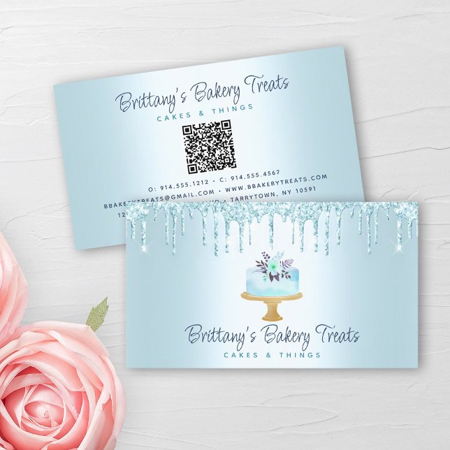 QR Code Bakery Turquoise Cake Glitter Drip Dessert Business Card (Creator Uploaded)