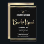 QR Code Bar Mitzvah Black Gold Script Tallit Bold Invitation<br><div class="desc">Be proud, rejoice and showcase this milestone of your favourite Bar Mitzvah! Send out this stunning, modern, sophisticated, personalized QR code invitation for an event to remember. Graphic faux gold foil calligraphy script, Star of David, modern white sans serif typography and hand drawn tallit lines overlay a rich, dramatic, black...</div>