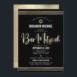 QR Code Bar Mitzvah Black Gold Script Tallit Bold Invitation<br><div class="desc">Be proud, rejoice and showcase this milestone of your favourite Bar Mitzvah! Send out this stunning, modern, sophisticated, personalized QR code invitation for an event to remember. Graphic faux gold foil calligraphy script, Star of David, modern white sans serif typography and hand drawn tallit lines overlay a rich, dramatic, black...</div>
