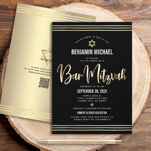 QR Code Bar Mitzvah Black Gold Script Tallit Bold Invitation