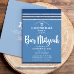 QR Code Bar Mitzvah Blue Silver Tallit Bold Script Invitation<br><div class="desc">Be proud, rejoice and showcase this milestone of your favourite Bar Mitzvah! Send out this cool, unique, modern, personalized QR code invitation for an event to remember. Bold, white script typography, Star of David and a navy blue and silver glitter striped tallit inspired graphic overlay a simple, cornflower blue background....</div>