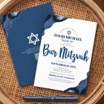 QR Code Bar Mitzvah Navy Blue Agate Script Modern Invitation<br><div class="desc">Be proud, rejoice and showcase this milestone of your favourite Bar Mitzvah! Send out this cool, unique, modern, personalized QR code invitation for an event to remember. Navy blue script typography and Star of David overlay a simple, white background with steel blue agate accented with faux silver veins. On the...</div>