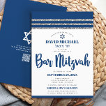 QR Code Bar Mitzvah Navy Blue Silver Tallit Script Invitation<br><div class="desc">Be proud, rejoice and showcase this milestone of your favourite Bar Mitzvah! Send out this cool, unique, modern, personalized QR code invitation for an event to remember. Bold, navy blue script typography, Star of David and a navy blue and silver glitter striped tallit inspired graphic overlay a simple, white background....</div>