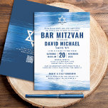 QR Code Bar Mitzvah Navy Bold Typography Blue Foil Invitation<br><div class="desc">Be proud, rejoice and showcase this milestone of your favourite Bar Mitzvah! Send out this cool, unique, modern, personalized QR code invitation for an event to remember. Faux metallic light blue foil brush strokes, along with bold, navy blue typography and Star of David, overlay a simple, white background. On the...</div>