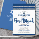 QR Code Bar Mitzvah Navy Silver Tallit Bold Script Invitation<br><div class="desc">Be proud, rejoice and showcase this milestone of your favourite Bar Mitzvah! Send out this cool, unique, modern, personalized QR code invitation for an event to remember. Bold, navy blue script typography, Star of David and a navy blue and silver glitter striped tallit inspired graphic overlay a simple, white background....</div>