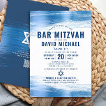QR Code Bar Mitzvah Navy Typography Blue Foil Bold Invitation<br><div class="desc">Be proud, rejoice and showcase this milestone of your favourite Bar Mitzvah! Send out this cool, unique, modern, personalized QR code invitation for an event to remember. Faux metallic light blue foil brush strokes, along with bold, navy blue typography and Star of David, overlay a simple, white background. On the...</div>
