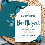 QR Code Bar Mitzvah Turquoise Agate Script White Invitation<br><div class="desc">Be proud, rejoice and showcase this milestone of your favourite Bar Mitzvah! Send out this cool, unique, modern, personalized QR code invitation for an event to remember. Dark teal blue script typography, faux gold sans serif typography and a faux gold Star of David overlay simple, clean white background with turquoise...</div>