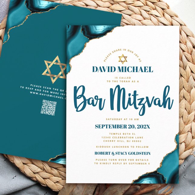 QR Code Bar Mitzvah Turquoise Agate Script White Invitation (Creator Uploaded)