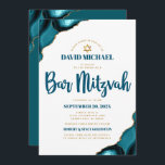QR Code Bar Mitzvah Turquoise Agate Script White Invitation<br><div class="desc">Be proud, rejoice and showcase this milestone of your favourite Bar Mitzvah! Send out this cool, unique, modern, personalized QR code invitation for an event to remember. Dark teal blue script typography, faux gold sans serif typography and a faux gold Star of David overlay simple, clean white background with turquoise...</div>