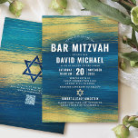 QR Code Bar Mitzvah Turquoise Gold Foil Modern Invitation<br><div class="desc">Be proud, rejoice and showcase this milestone of your favourite Bar Mitzvah! Send out this cool, unique, modern, personalized QR code invitation for an event to remember. Faux metallic gold foil brush strokes and Star of David, along with bold, white typography, overlay a rich, turquoise blue ombre paint background. On...</div>