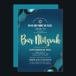 QR Code Bar Mitzvah Turquoise Ombre Agate Script Invitation<br><div class="desc">Be proud, rejoice and showcase this milestone of your favourite Bar Mitzvah! Send out this cool, unique, modern, personalized QR code invitation for an event to remember. Faux gold foil script typography, white sans serif typography, and a faux gold Star of David overlay a deep turquoise teal blue ombre background...</div>
