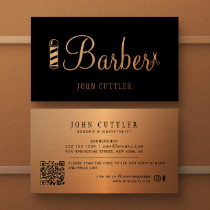 QR CODE barbershop black gold barber pole scissors Business Card
