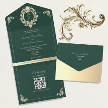QR Code Baroque Gold Emerald Green Wedding