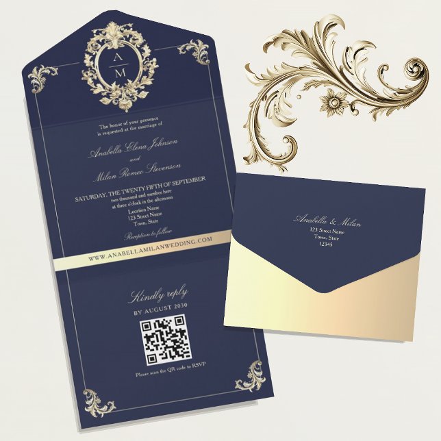 QR Code Baroque Navy Blue Gold Wedding All In One Invitation (Creator Uploaded)