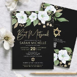 QR Code Bat Mitzvah Black Gold Floral Script Girly Invitation<br><div class="desc">Be proud, rejoice and showcase this milestone of your favourite Bat Mitzvah! Send out this sophisticated, modern, personalized QR code invitation for an event to remember. A chic, stunning, white and faux gold glitter floral watercolor with faux gold foil script typography and white sans serif type overlay a dramatic black...</div>