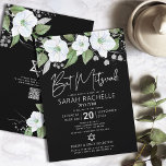QR Code Bat Mitzvah Black Silver Floral Script Invitation<br><div class="desc">Be proud, rejoice and showcase this milestone of your favourite Bat Mitzvah! Send out this sophisticated, modern, personalized QR code invitation for an event to remember. A chic, stunning, white and faux silver glitter floral watercolor with faux silver foil script typography and white sans serif type overlay a dramatic black...</div>