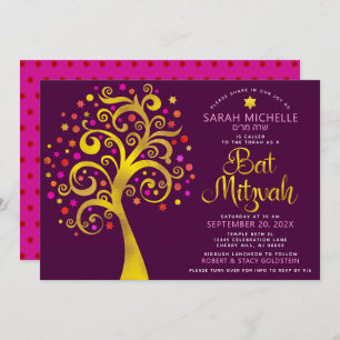 QR Code Bat Mitzvah Burgundy Gold Tree of Life Invitation