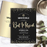 QR Code Bat Mitzvah Modern Black Gold Glitter Foil Invitation<br><div class="desc">Be proud, rejoice and showcase this milestone of your favourite Bat Mitzvah! Send out this stunning, modern, personalized QR code invitation for an event to remember. Graphic faux gold foil calligraphy script, Star of David and confetti dots, overlay a rich, dramatic, black background. On the back, your daughter’s name, Star...</div>
