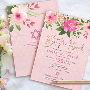 QR Code Bat Mitzvah Pink Floral Gold Foil Script Invitation
