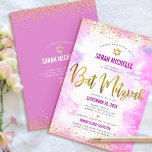 QR Code Bat Mitzvah Pink Watercolor Gold Glitter Invitation<br><div class="desc">Be proud, rejoice and showcase this milestone of your favourite Bat Mitzvah! Send out this stunning, modern, personalized QR code invitation for an event to remember. Sparkly faux gold foil script, glitter dots, Star of David and handwritten script typography overlay a soft pink watercolor background. On the back, additional gold...</div>