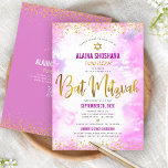 QR Code Bat Mitzvah Pink Watercolor Gold Script Invitation<br><div class="desc">Be proud, rejoice and showcase this milestone of your favourite Bat Mitzvah! Send out this stunning, modern, personalized QR code invitation for an event to remember. Sparkly faux gold foil script, glitter dots, Star of David and handwritten script typography overlay a soft pink watercolor background. On the back, additional gold...</div>