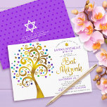 QR Code Bat Mitzvah Purple Gold Bold Tree of Life Invitation<br><div class="desc">Be proud, rejoice and showcase this milestone of your favourite Bat Mitzvah! Send out this bold, modern, personalized QR code invitation for an event to remember. A fun, graphic faux gold foil tree with sparkly turquoise, teal, purple and blue Star of David and dot “leaves”, faux gold foil calligraphy script...</div>