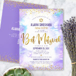 QR Code Bat Mitzvah Purple Gold Glitter Watercolor Invitation<br><div class="desc">Be proud, rejoice and showcase this milestone of your favourite Bat Mitzvah! Send out this stunning, modern, personalized QR code invitation for an event to remember. Sparkly faux gold foil script, glitter dots, Star of David and handwritten script typography overlay a light purple watercolor background. On the back, additional gold...</div>
