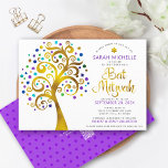 QR Code Bat Mitzvah Purple Gold Tree of Life Bold Invitation<br><div class="desc">Be proud, rejoice and showcase this milestone of your favourite Bat Mitzvah! Send out this bold, modern, personalized QR code invitation for an event to remember. A fun, graphic faux gold foil tree with sparkly turquoise, teal, purple and blue Star of David and dot “leaves”, faux gold foil calligraphy script...</div>