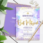 QR Code Bat Mitzvah Purple Watercolor Gold Glitter Invitation<br><div class="desc">Be proud, rejoice and showcase this milestone of your favourite Bat Mitzvah! Send out this stunning, modern, personalized QR code invitation for an event to remember. Sparkly faux gold foil script, glitter dots, Star of David and handwritten script typography overlay a light purple watercolor background. On the back, additional gold...</div>
