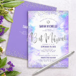 QR Code Bat Mitzvah Purple Watercolor Silver Foil Invitation<br><div class="desc">Be proud, rejoice and showcase this milestone of your favourite Bat Mitzvah! Send out this stunning, modern, personalized QR code invitation for an event to remember. Sparkly faux silver foil script, glitter dots, Star of David and handwritten script typography overlay a light purple watercolor background. On the back, additional silver...</div>