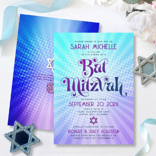 QR Code Bat Mitzvah Retro Blue Purple Gradient Fun Invitation