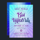 QR Code Bat Mitzvah Retro Blue Purple Gradient Fun Invitation<br><div class="desc">Be proud, rejoice and showcase this milestone of your favourite Bat Mitzvah! Send out this fun boho retro, personalized QR code invitation for an event to remember. Fun, trendy, bold purple and navy blue typography with modern sans serif typography overlay a background of pop light turquoise and purple ombre gradient...</div>