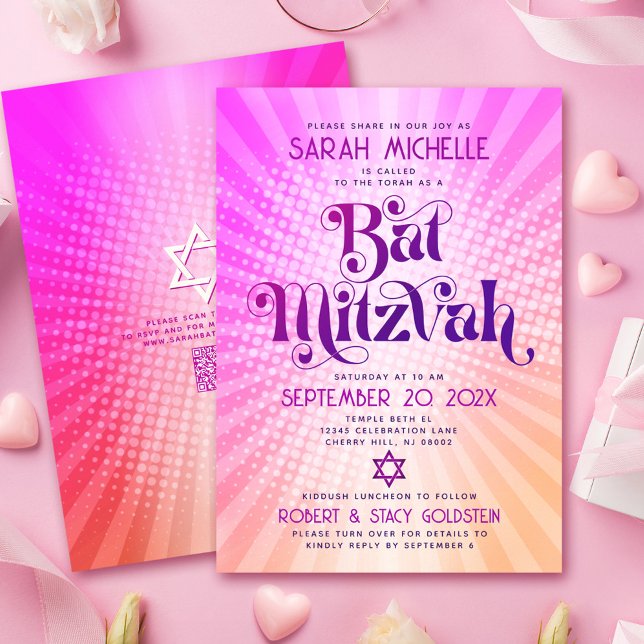 QR Code Bat Mitzvah Retro Pink Orange Gradient Fun Invitation (Creator Uploaded)