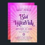 QR Code Bat Mitzvah Retro Pink Orange Gradient Fun Invitation<br><div class="desc">Be proud, rejoice and showcase this milestone of your favourite Bat Mitzvah! Send out this fun boho retro, personalized QR code invitation for an event to remember. Fun, trendy, bold dark hot pink and purple typography with modern sans serif typography overlay a background of pop light orange and pink ombre...</div>