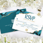 QR Code Bat Mitzvah Turquoise Agate Bold RSVP Card<br><div class="desc">Be proud, rejoice and celebrate this milestone of your favourite Bat Mitzvah with this cool, unique, modern, personalized RSVP insert card for your event! Dark teal script typography overlays a simple, clean white background with turquoise blue agate rocks accented with faux gold veins. On the back, your personal qr code...</div>