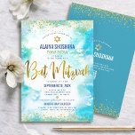 QR Code Bat Mitzvah Turquoise Gold Foil Watercolor Invitation<br><div class="desc">Be proud, rejoice and showcase this milestone of your favourite Bat Mitzvah! Send out this stunning, modern, personalized QR code invitation for an event to remember. Sparkly faux gold foil script, glitter dots, Star of David and handwritten script typography overlay a turquoise blue watercolor background. On the back, additional gold...</div>