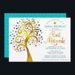 QR Code Bat Mitzvah Turquoise Gold Tree of Life Invitation<br><div class="desc">Be proud, rejoice and showcase this milestone of your favourite Bat Mitzvah! Send out this bold, modern, personalized QR code invitation for an event to remember. A fun, graphic faux gold foil tree with sparkly turquoise, teal, purple and blue Star of David and dot “leaves”, faux gold foil calligraphy script...</div>