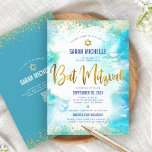 QR Code Bat Mitzvah Turquoise Watercolor Gold Foil Invitation<br><div class="desc">Be proud, rejoice and showcase this milestone of your favourite Bat Mitzvah! Send out this stunning, modern, personalized QR code invitation for an event to remember. Sparkly faux gold foil script, glitter dots, Star of David and handwritten script typography overlay a turquoise watercolor background. On the back, additional gold glitter...</div>