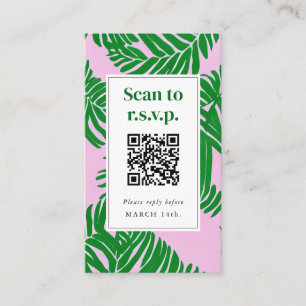 QR Code Beach Wedding RSVP Pink Green Palm Tree Enclosure Card