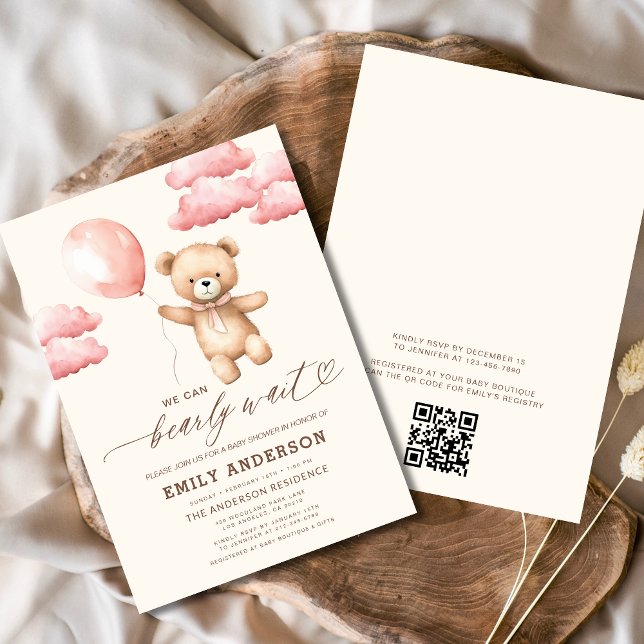 QR Code Bearly Wait Pink Girl Baby Shower Invitation (Creator Uploaded)