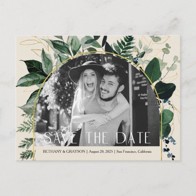 QR code, Beige Greenery wedding photo save date Announcement Postcard (Front)