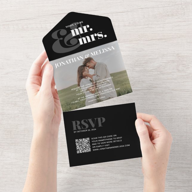 QR code | Black and White Overlay Photo Wedding All In One Invitation (Tearaway)